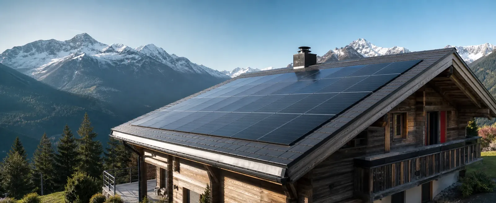 Panneaux solaires sur le toit d’un chalet de montagne