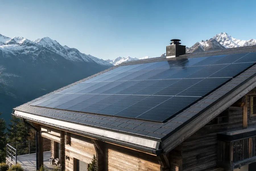 Panneaux solaires sur le toit d’un chalet de montagne