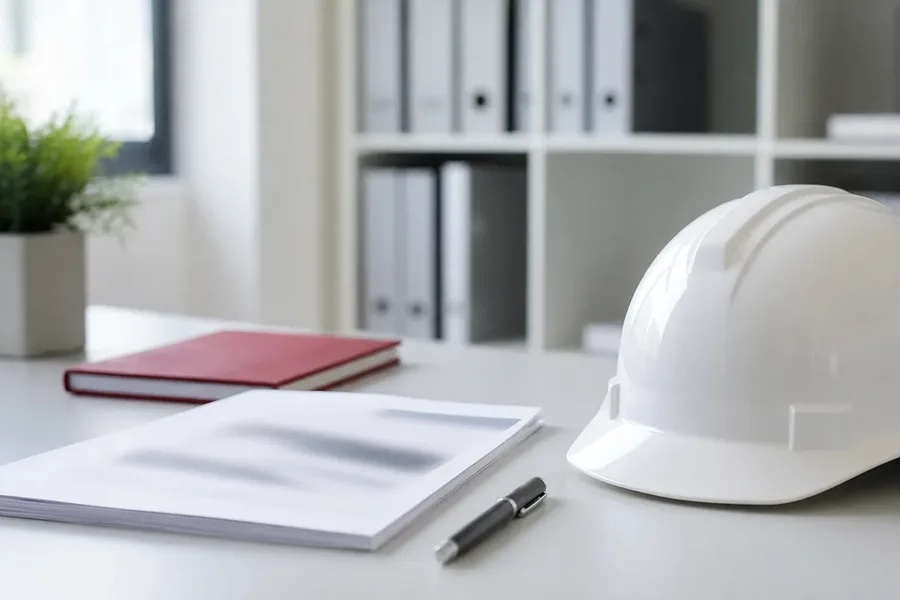 Rapport de contrôle et casque de chantier sur un bureau